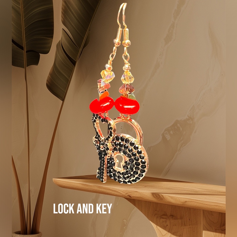 OMG EARRING-stunning rose gold and black lock and key statement earrings